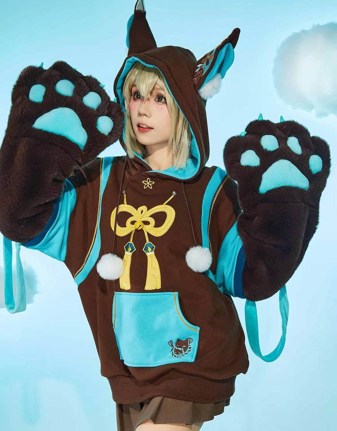 Cosplay.fm Pullover Hoodie with Detachable Paw Sleeves Furry Paw Gloves Bag Bunny Ear Sweatshirt Kirara Cosplay Costume