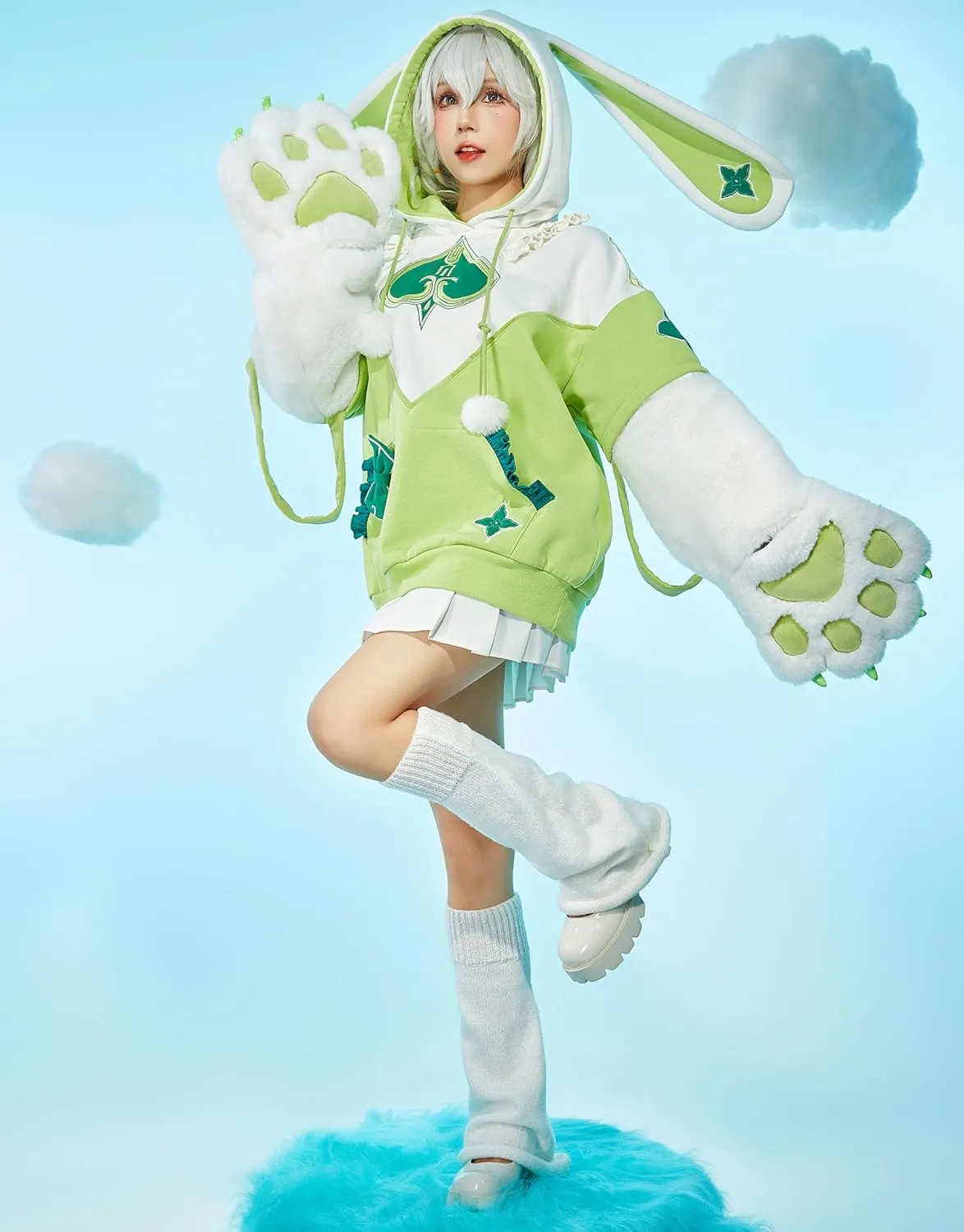 Cosplay.fm Pullover Hoodie with Detachable Paw Sleeves Furry Paw Gloves Bag Bunny Ear Sweatshirt Nahida Cosplay Costume