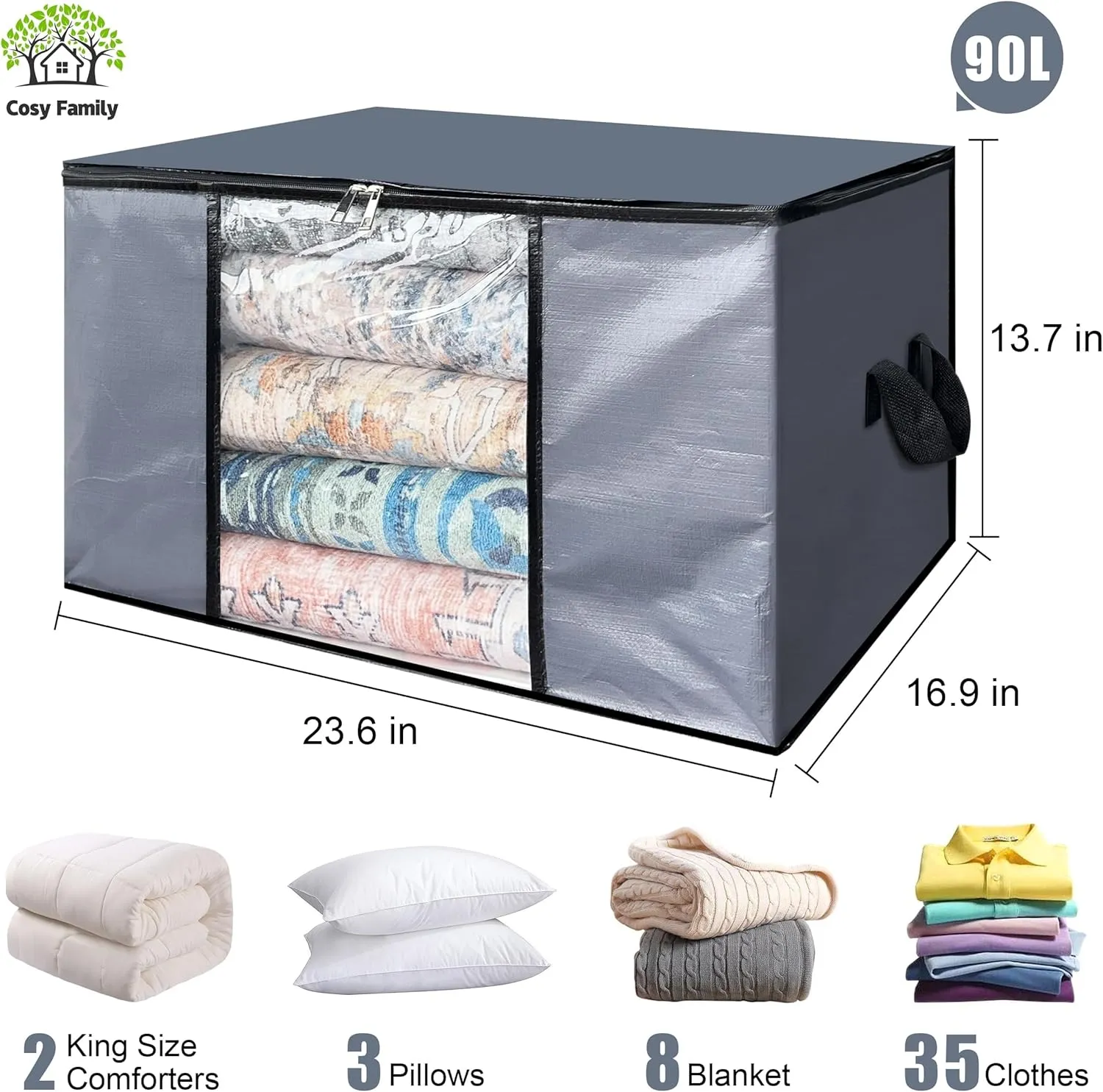 Cosy Family 12 Pack 90L Heavy Duty Extra Large Moving Bags with Reinforced Handle - Strong Handles & Zippers, Storage Totes For Space Saving, Fold Flat, Alternative to Moving Box, Grey