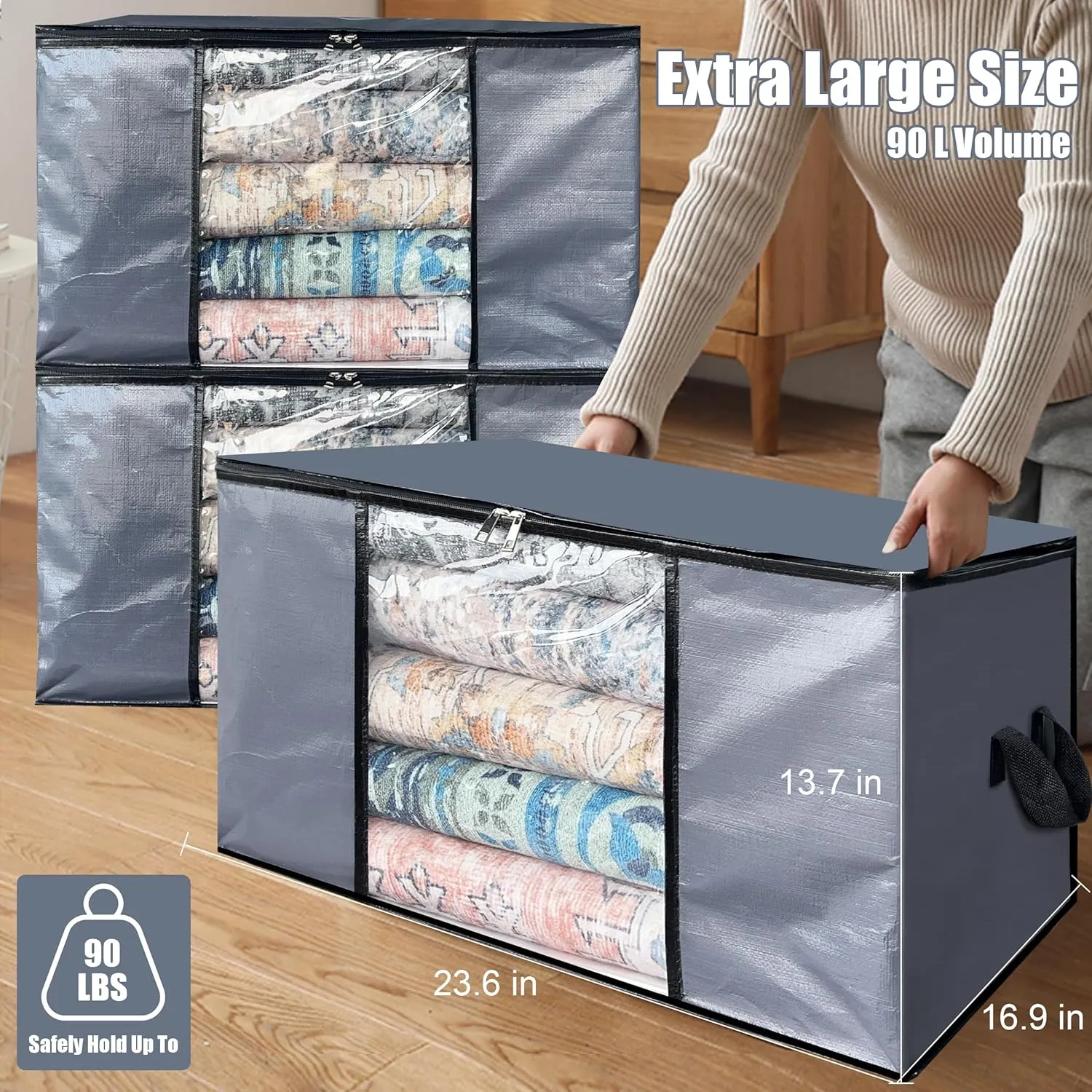 Cosy Family 12 Pack 90L Heavy Duty Extra Large Moving Bags with Reinforced Handle - Strong Handles & Zippers, Storage Totes For Space Saving, Fold Flat, Alternative to Moving Box, Grey