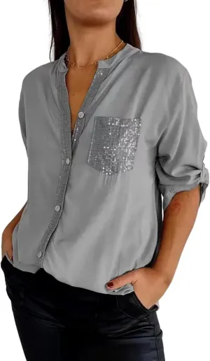 Cotton V-Neck Sequin Mid-Sleeve Casual Top Runaivete Top Glitter for Women Shirt