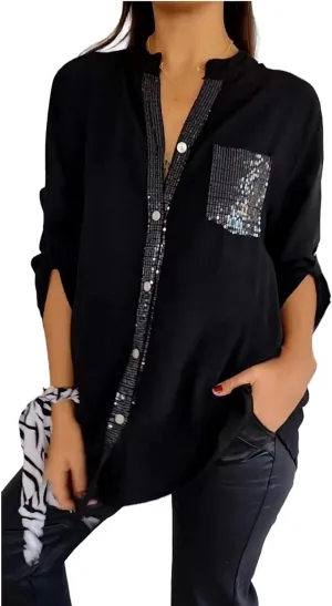 Cotton V-Neck Sequin Mid-Sleeve Casual Top Runaivete Top Glitter for Women Shirt