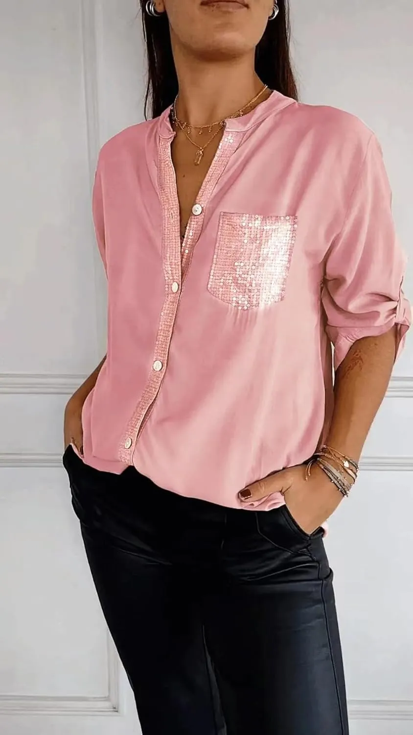 Cotton V-Neck Sequin Mid-Sleeve Casual Top Runaivete Top Glitter for Women Shirt