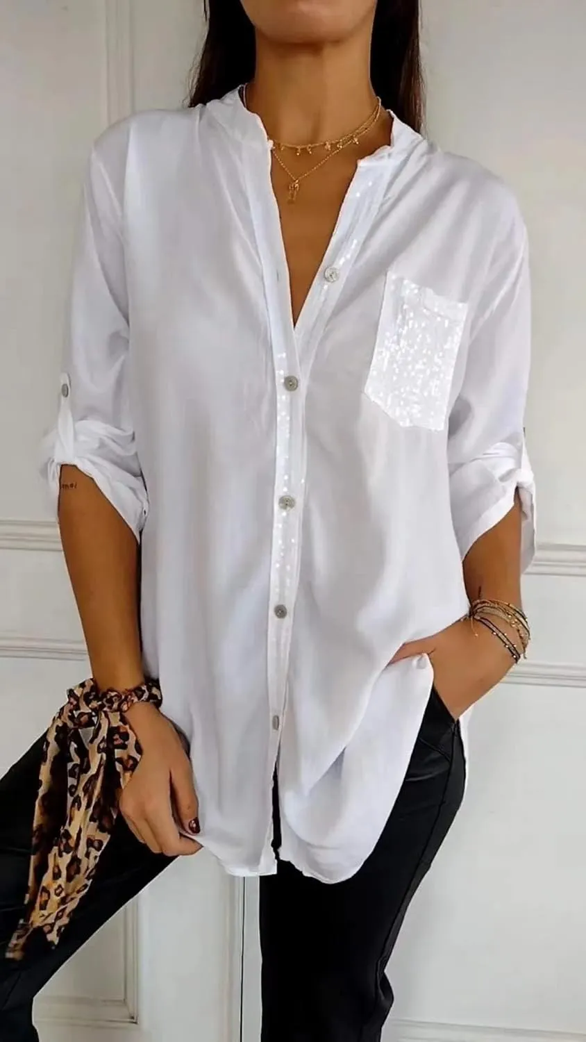 Cotton V-Neck Sequin Mid-Sleeve Casual Top Runaivete Top Glitter for Women Shirt