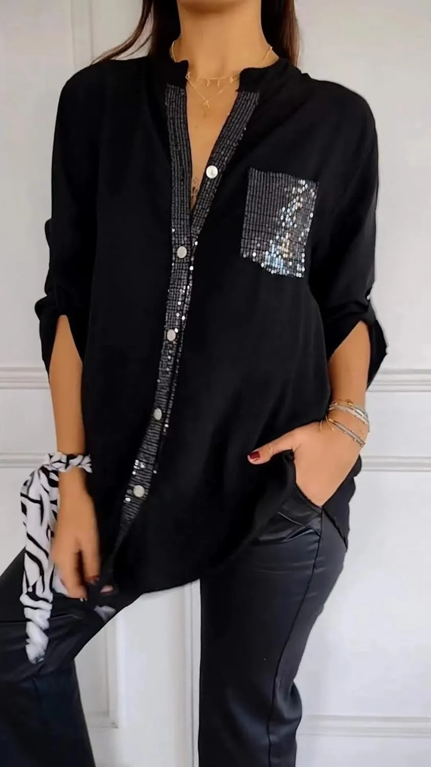 Cotton V-Neck Sequin Mid-Sleeve Casual Top Runaivete Top Glitter for Women Shirt