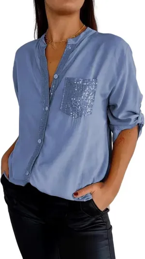 Cotton V-Neck Sequin Mid-Sleeve Casual Top Runaivete Top Glitter for Women Shirt