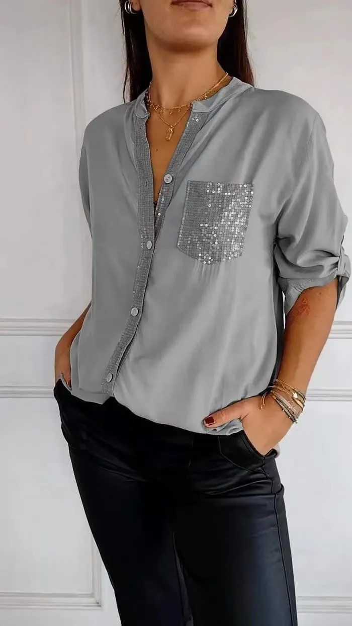 Cotton V-Neck Sequin Mid-Sleeve Casual Top Runaivete Top Glitter for Women Shirt