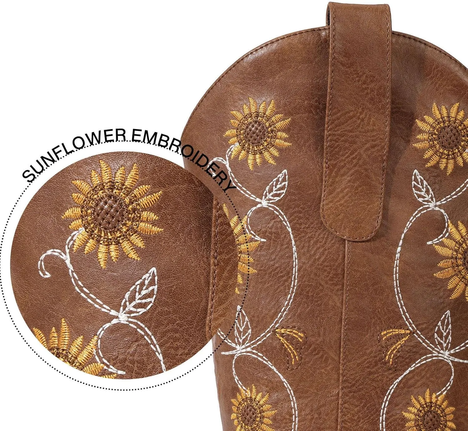 Cowboy Boots for Women - Mid Calf Western Sunflower Cowgirl Boots with Floral Embroidery, Square Toe Stitched Pull On Retro Design, Perfect for Country Idyll, Concerts and More