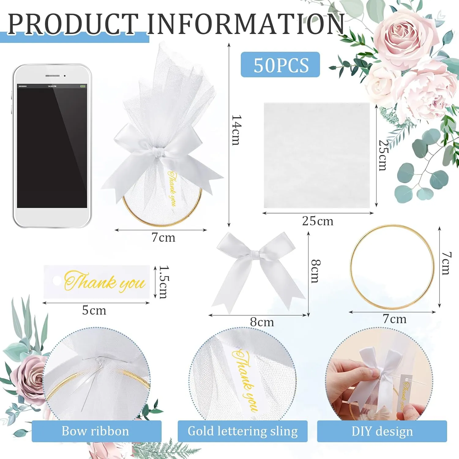 CPEGHDVM 50 Pcs 5.9 * 2.7in Wedding Favor Bags DIY Party Candy Favors Pouches Party Favors for Guests for Wedding Bridal Shower Baby Shower Birthday Party Decoration (White)