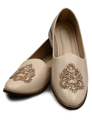 Cream Leather Zardozi Embroidery Ethnic Shoes