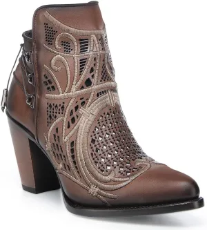 Cuadra Women's Bootie in Genuine Leather with Embroidery and Zipper Brown, 3F48RS, Size 7