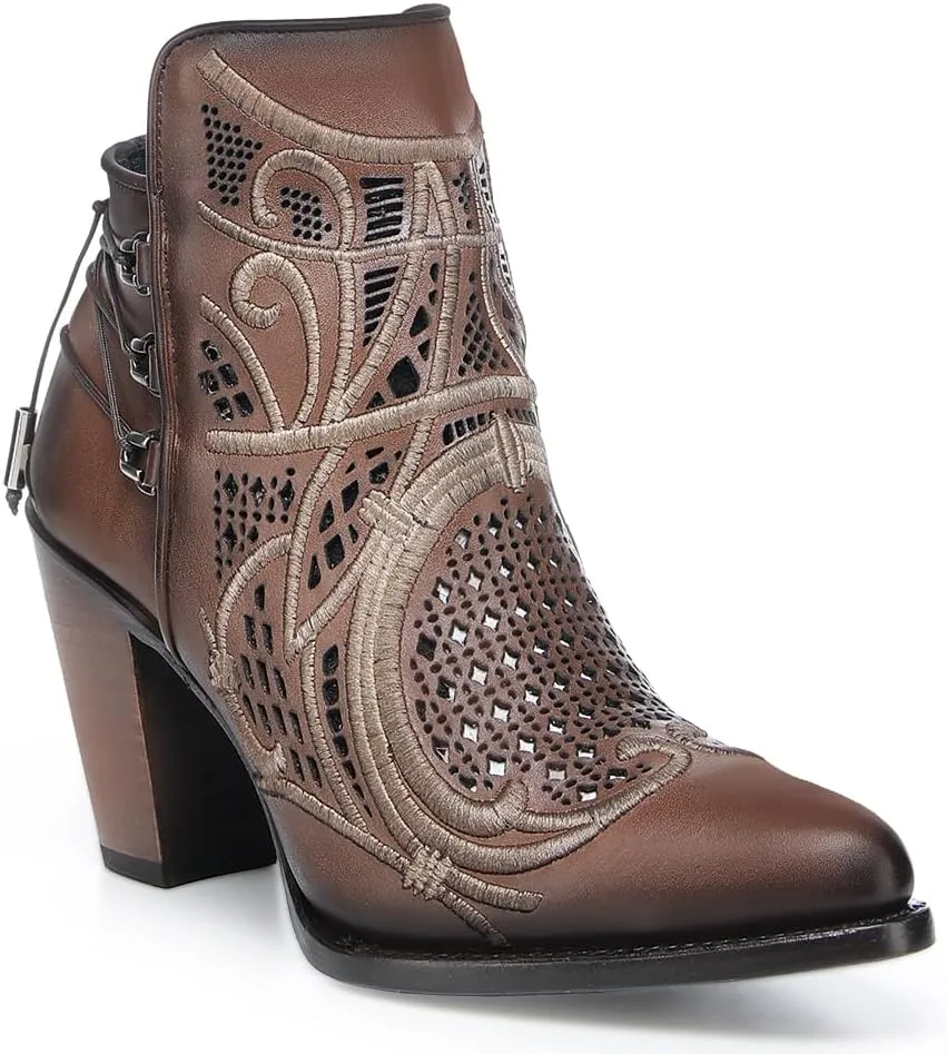 Cuadra Women's Bootie in Genuine Leather with Embroidery and Zipper Brown, 3F48RS, Size 7