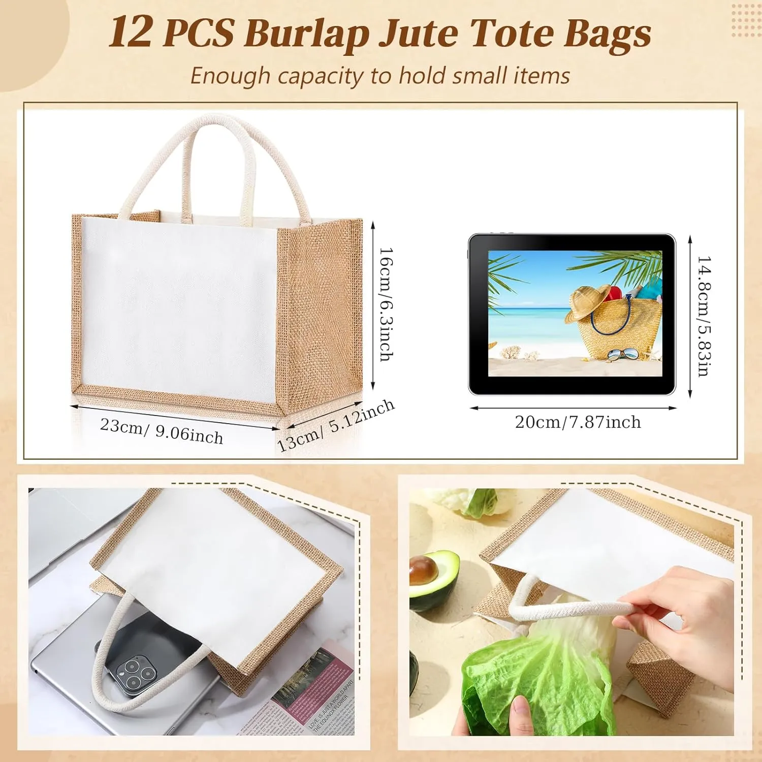 Cunno 12 Pcs Burlap Tote Bag Mini Jute Reusable Bag with Handles Small Blank Canvas Gift Waterproof for Wedding Beach DIY