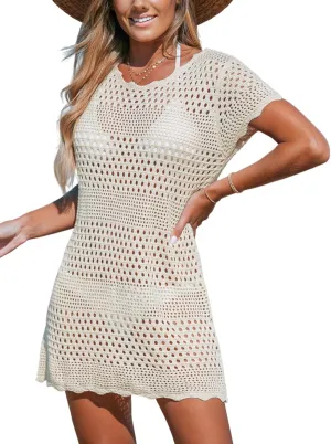 CUPSHE Women Swimsuit Coverup Crochet Bathing Suit Bikini Swimwear Knit Pullover Beach Dress