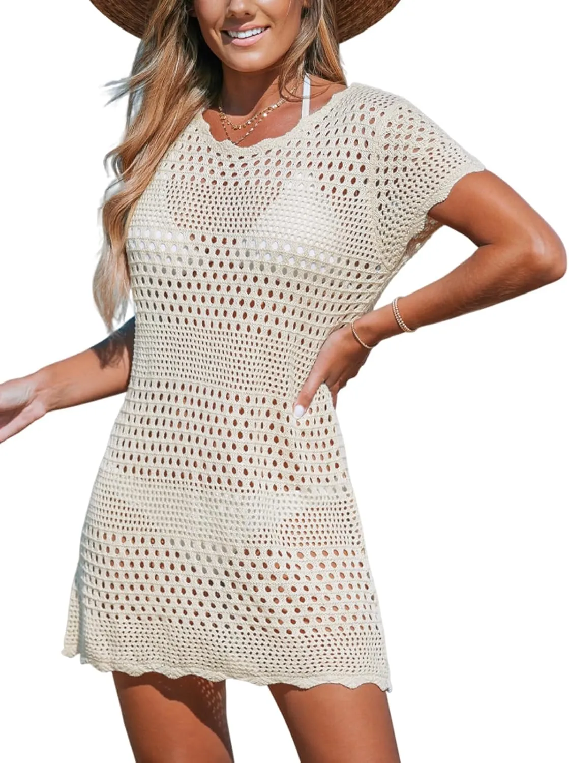 CUPSHE Women Swimsuit Coverup Crochet Bathing Suit Bikini Swimwear Knit Pullover Beach Dress
