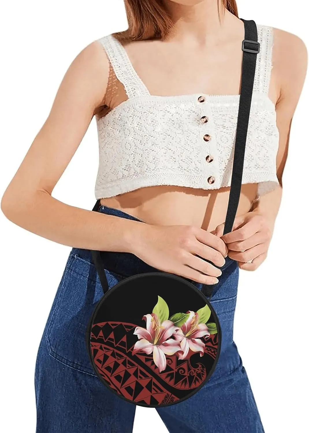 Custom Round Crossbody Bag Pattern Polynesian Floral Vintage Design Small Portable Men'S Bag Women'S Bag Samoa