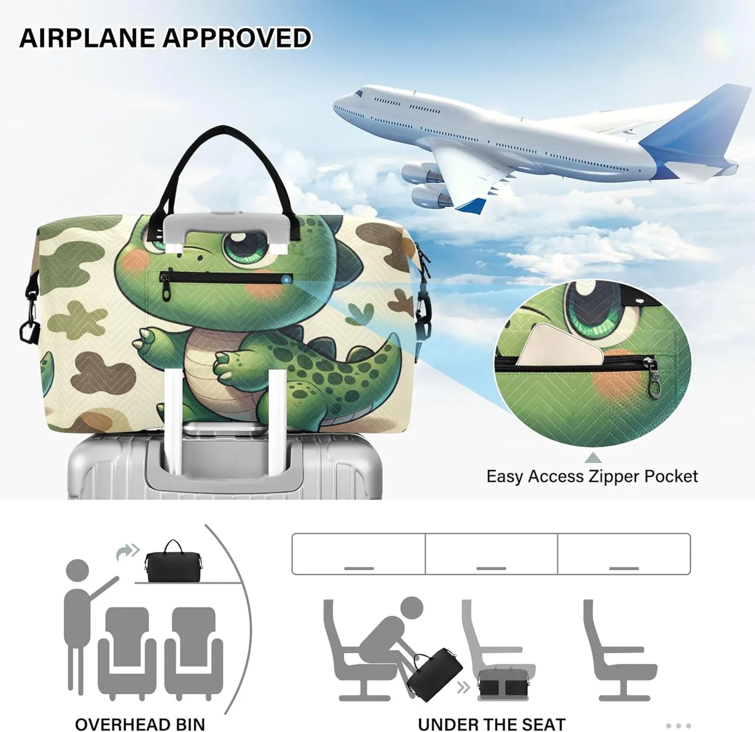 Cute Cartoon Dino Duffle Bags Travel Toiletry Pouches Set of 2, Funny Garment Duffel Bag Weekender Bags