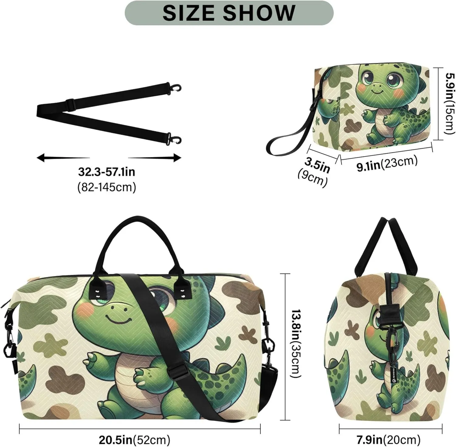 Cute Cartoon Dino Duffle Bags Travel Toiletry Pouches Set of 2, Funny Garment Duffel Bag Weekender Bags