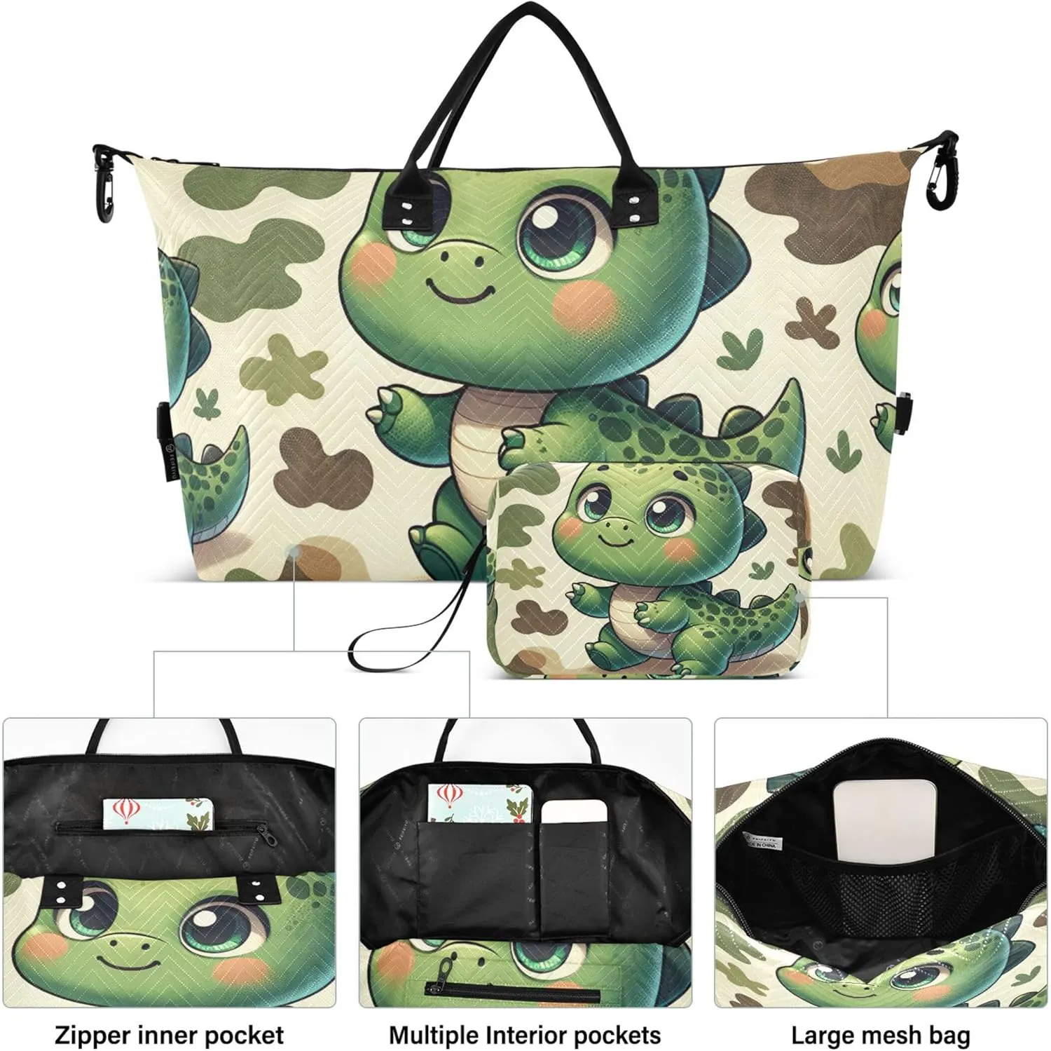 Cute Cartoon Dino Duffle Bags Travel Toiletry Pouches Set of 2, Funny Garment Duffel Bag Weekender Bags