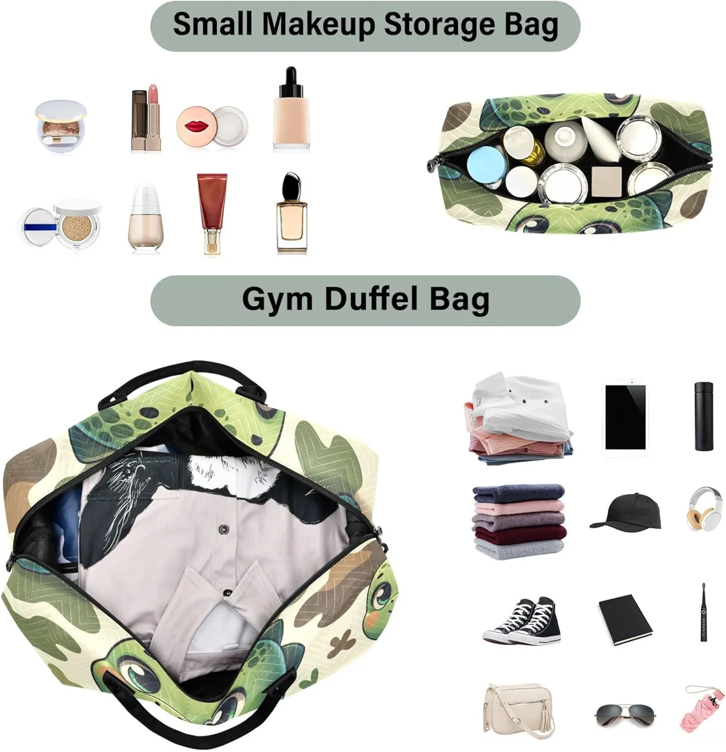 Cute Cartoon Dino Duffle Bags Travel Toiletry Pouches Set of 2, Funny Garment Duffel Bag Weekender Bags