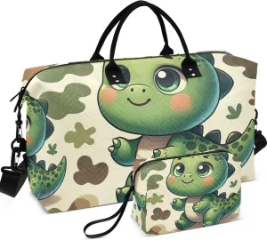 Cute Cartoon Dino Duffle Bags Travel Toiletry Pouches Set of 2, Funny Garment Duffel Bag Weekender Bags