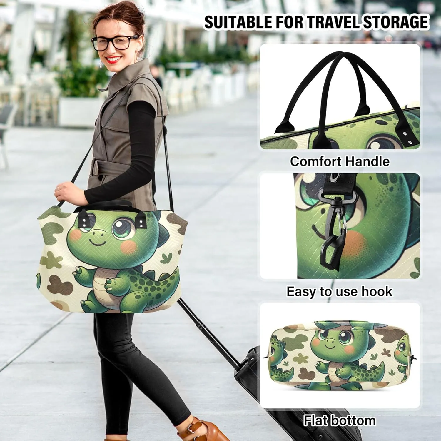 Cute Cartoon Dino Duffle Bags Travel Toiletry Pouches Set of 2, Funny Garment Duffel Bag Weekender Bags