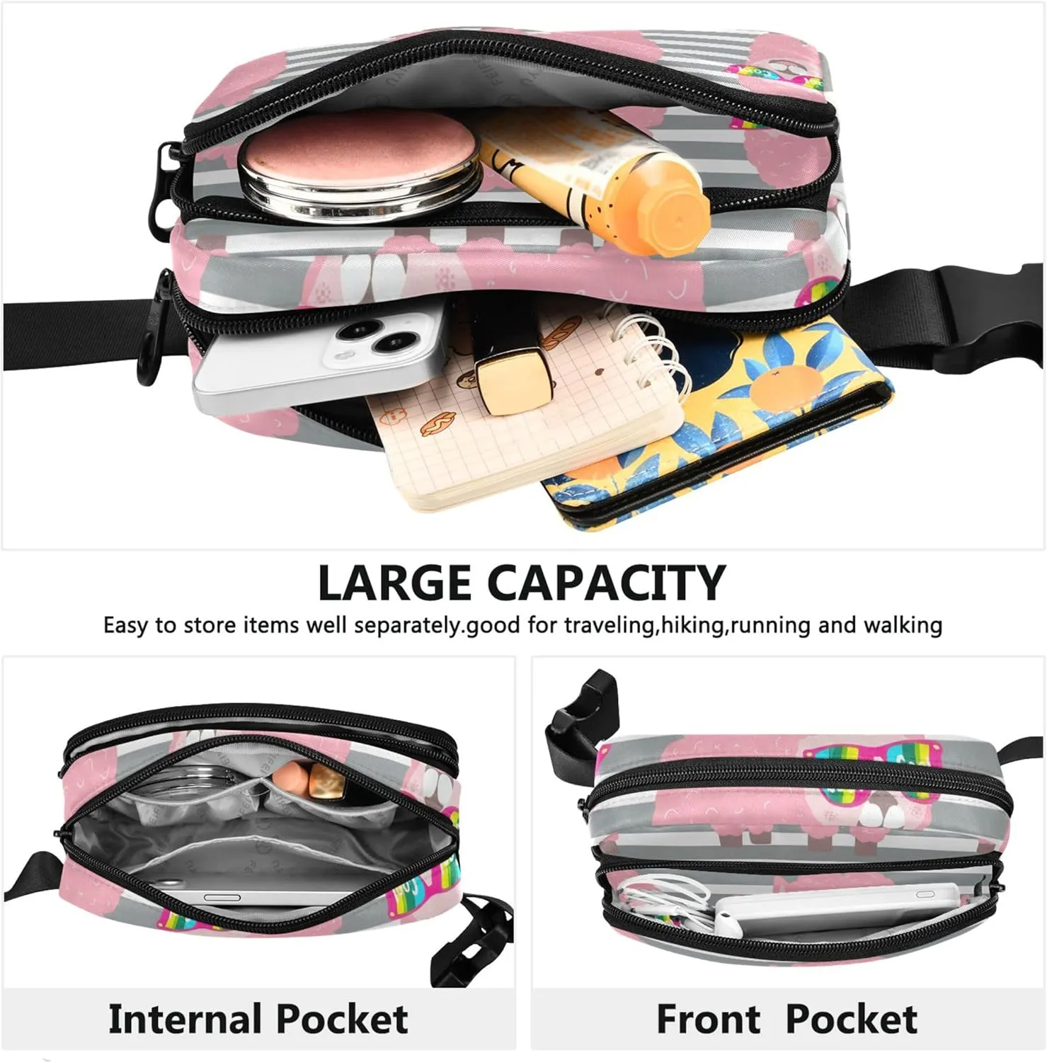 Cute Pink Alpaca Rainbow Cool Waterproof Womens Fanny Pack Anti Theft Belt Bag Festival Waist Pouches for Men