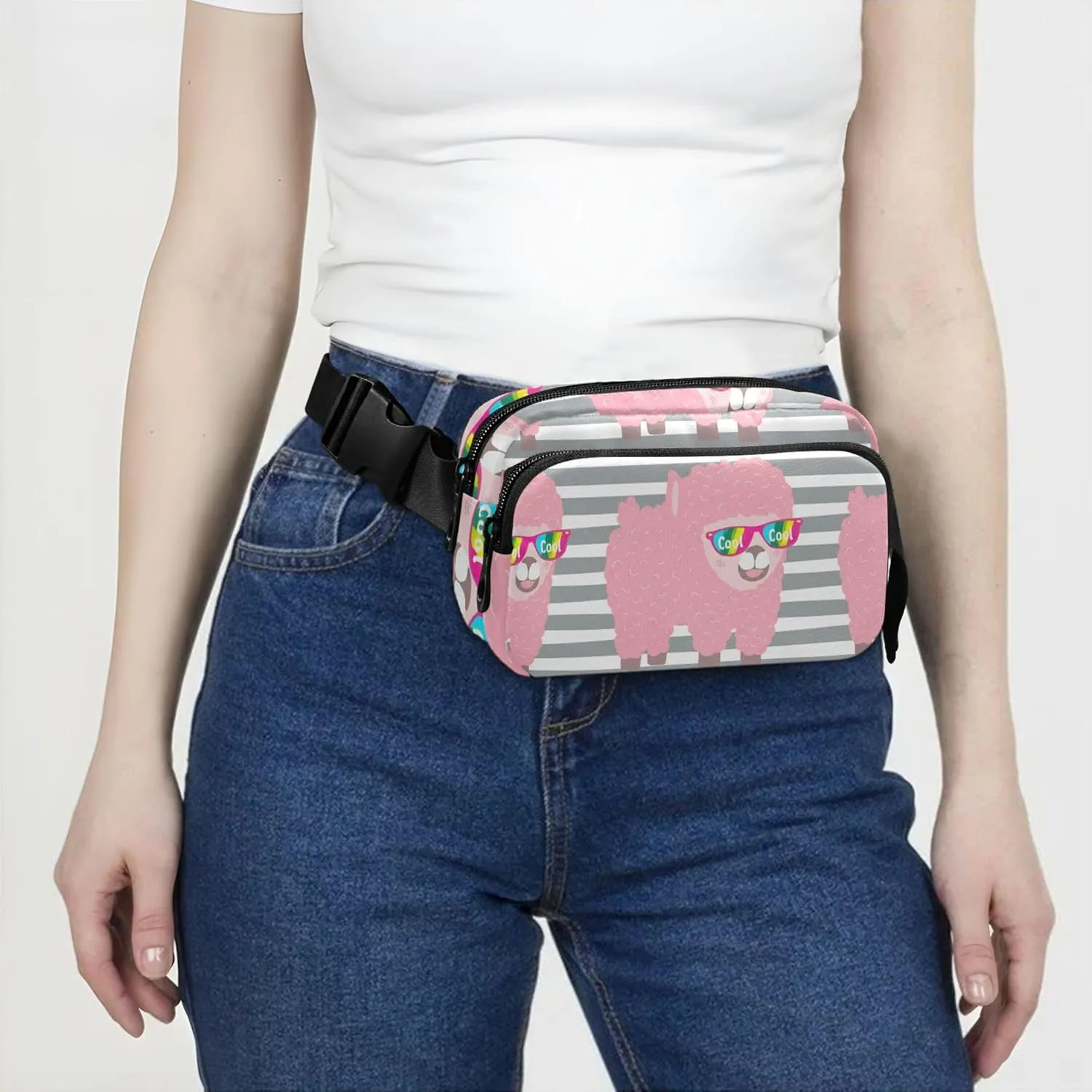 Cute Pink Alpaca Rainbow Cool Waterproof Womens Fanny Pack Anti Theft Belt Bag Festival Waist Pouches for Men