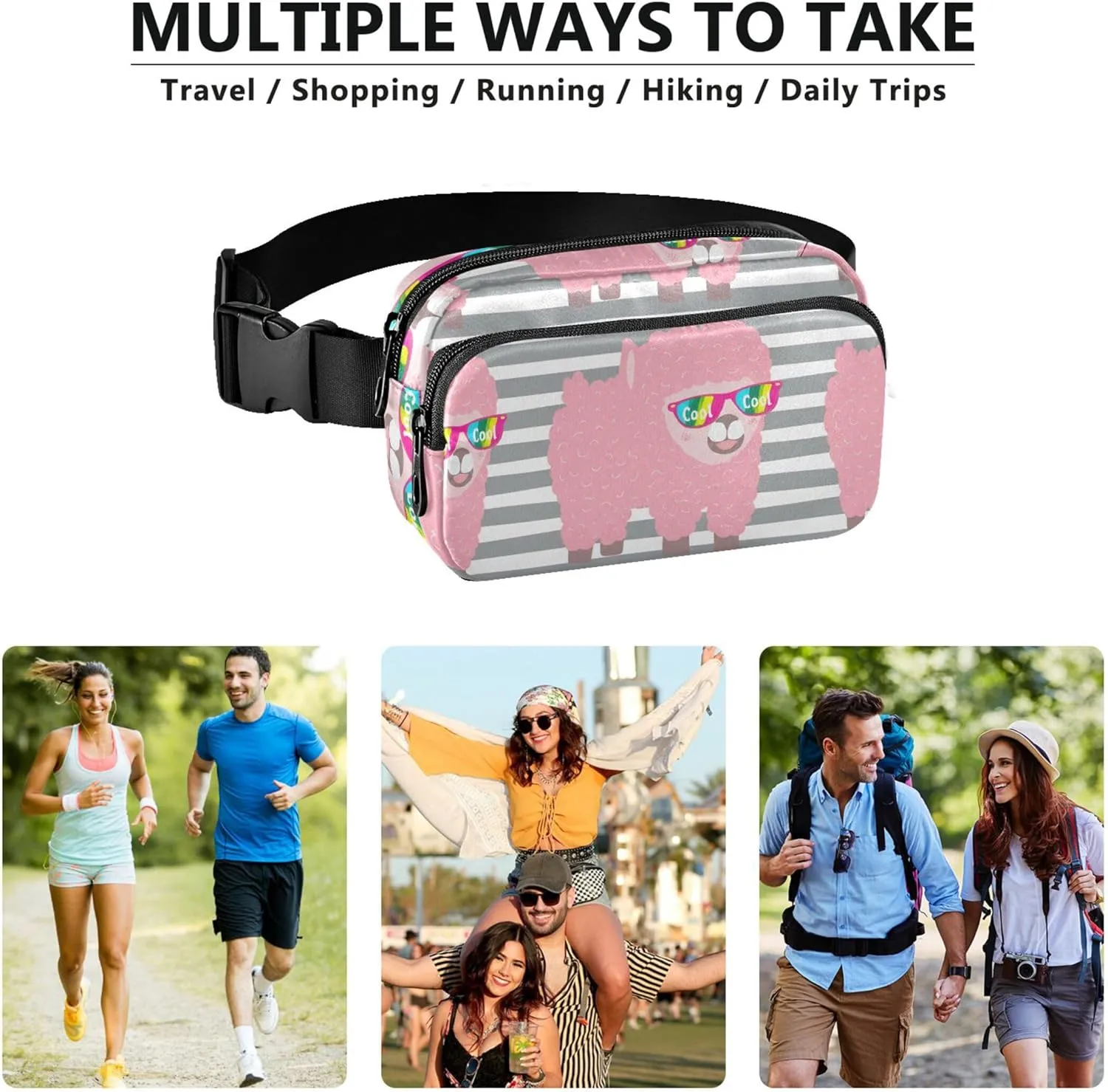Cute Pink Alpaca Rainbow Cool Waterproof Womens Fanny Pack Anti Theft Belt Bag Festival Waist Pouches for Men