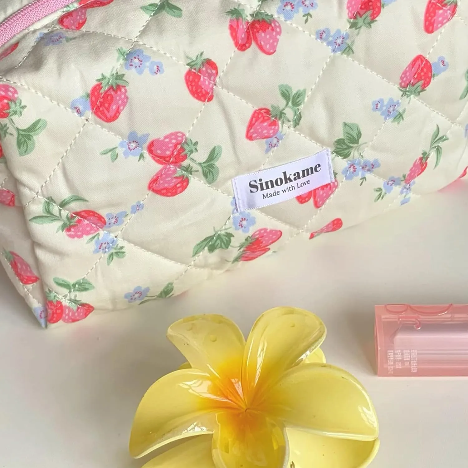 Cute Quilted Makeup Bag, Coquette Strawberry Skincare Pouch Aesthetic Cosmetic Travel Skincare Brush Organizer Pouches Makeup for Women,Strawberry me Up