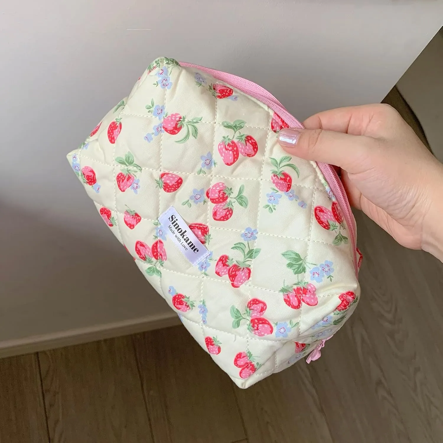 Cute Quilted Makeup Bag, Coquette Strawberry Skincare Pouch Aesthetic Cosmetic Travel Skincare Brush Organizer Pouches Makeup for Women,Strawberry me Up