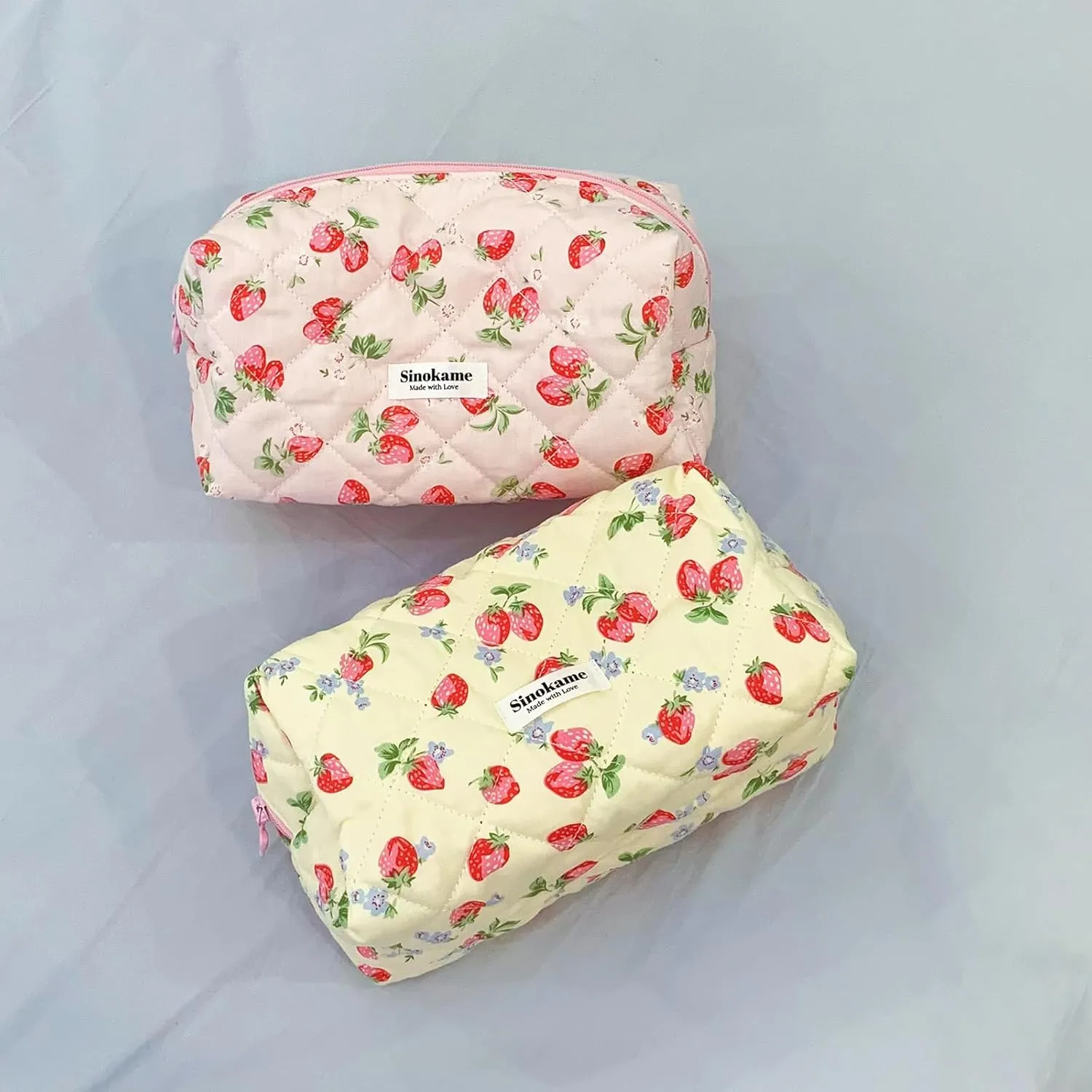 Cute Quilted Makeup Bag, Coquette Strawberry Skincare Pouch Aesthetic Cosmetic Travel Skincare Brush Organizer Pouches Makeup for Women,Strawberry me Up