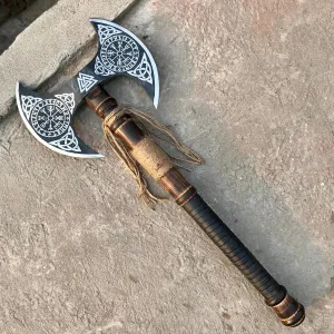 Dark Warrior Ragnar Viking Axe Hand Forged Carbon Steel Viking Camping Berserker Large Norse Axe,Scandinavian Double Headed Axe Functional Viking Battle ax Norse Mythology