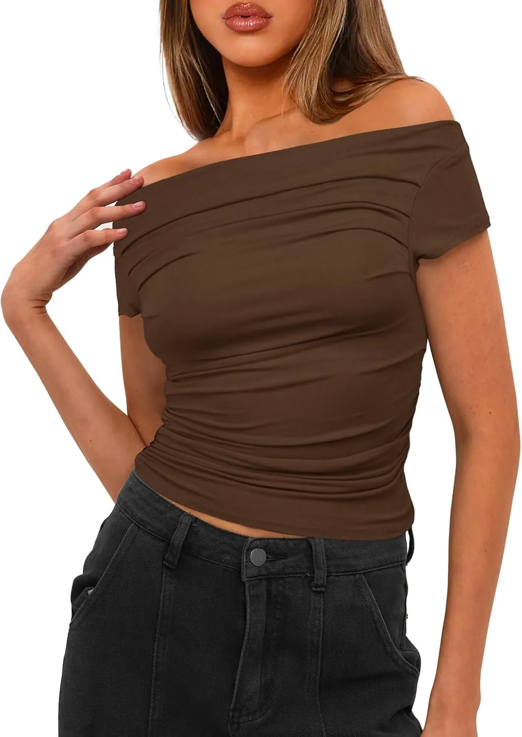 Darong Women's Summer Cap Sleeve Boat Neck Off Shoulder Top Going Out Slim Fit Tops Y2K Tight Shirts