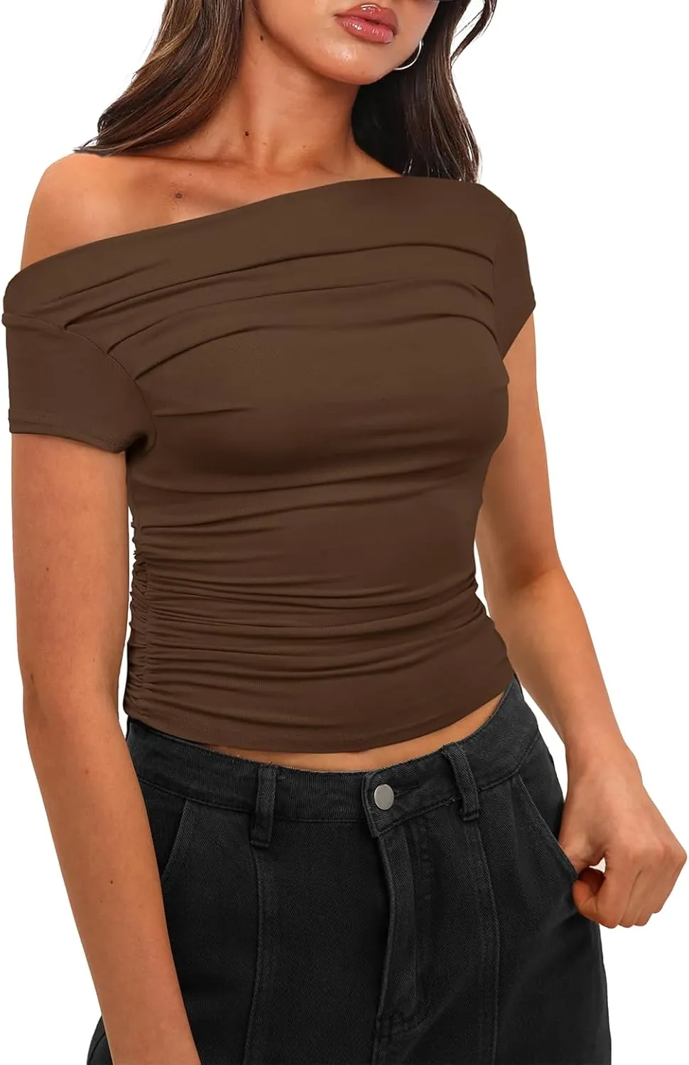Darong Women's Summer Cap Sleeve Boat Neck Off Shoulder Top Going Out Slim Fit Tops Y2K Tight Shirts