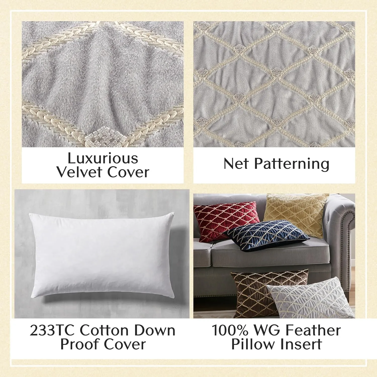 Décor Pillow, Luxurious Hand-Embelished Velvet Removable Cover, 100% White Goose Feather Décor Pillow with 233TC 100% Cotton Down Proof Cover, Aumont, Oblong, 22x15, Silver