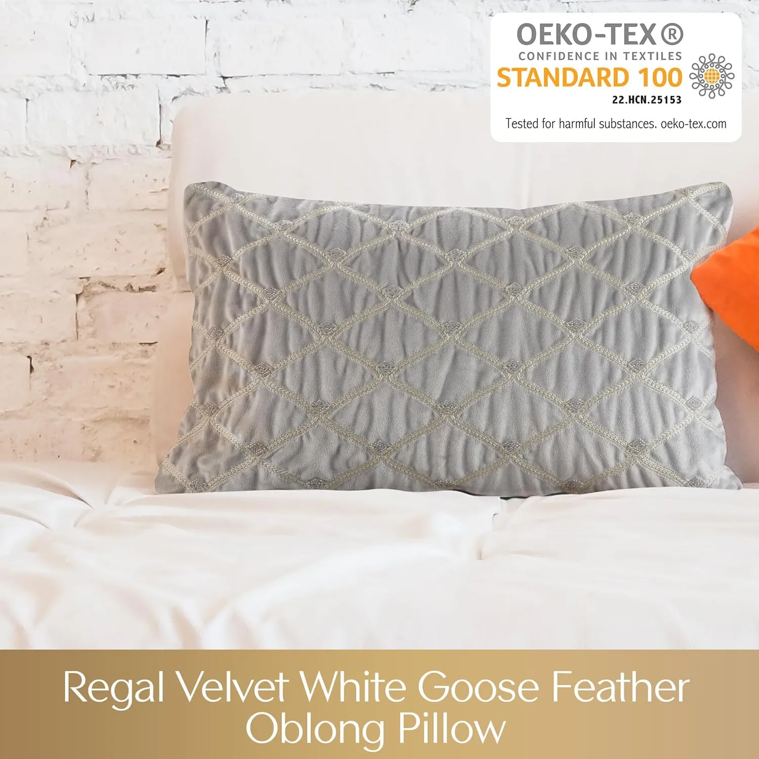 Décor Pillow, Luxurious Hand-Embelished Velvet Removable Cover, 100% White Goose Feather Décor Pillow with 233TC 100% Cotton Down Proof Cover, Aumont, Oblong, 22x15, Silver