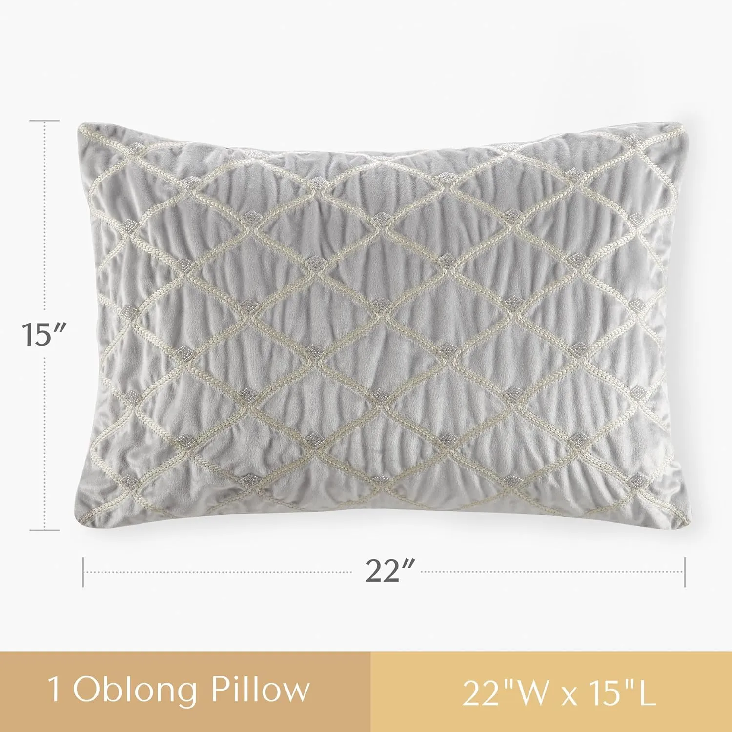 Décor Pillow, Luxurious Hand-Embelished Velvet Removable Cover, 100% White Goose Feather Décor Pillow with 233TC 100% Cotton Down Proof Cover, Aumont, Oblong, 22x15, Silver