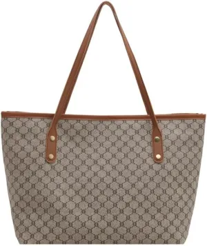 Designer Monogram Tote Bag, Large Canvas Shoulder Handbag with Brown Leather Handles, Beige and Brown Pattern