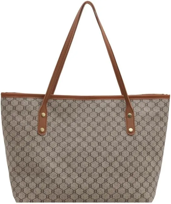 Designer Monogram Tote Bag, Large Canvas Shoulder Handbag with Brown Leather Handles, Beige and Brown Pattern