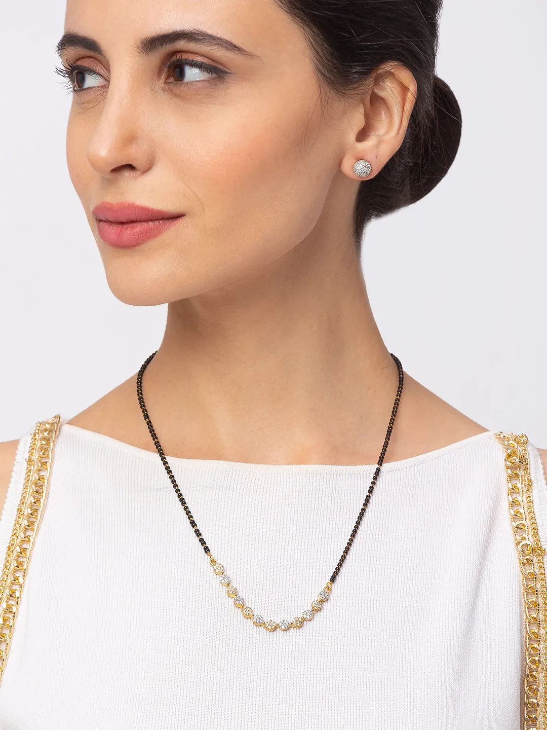Digital Dress Room Diamond Gold Plated Short Mangalsutra मंगलसूत्र Latest Design/Cz Solitaire/Black Beads Chain New Mangalsutra Designs For Women (20 Inches)