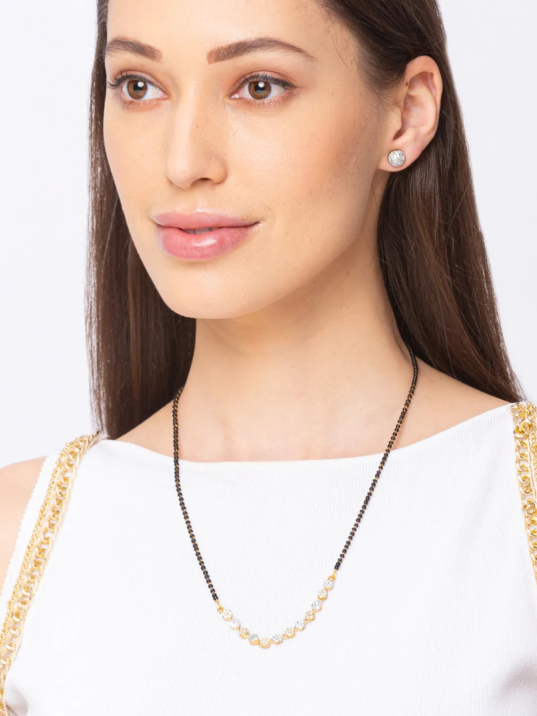 Digital Dress Room Diamond Gold Plated Short Mangalsutra मंगलसूत्र Latest Design/Cz Solitaire/Black Beads Chain New Mangalsutra Designs For Women (20 Inches)