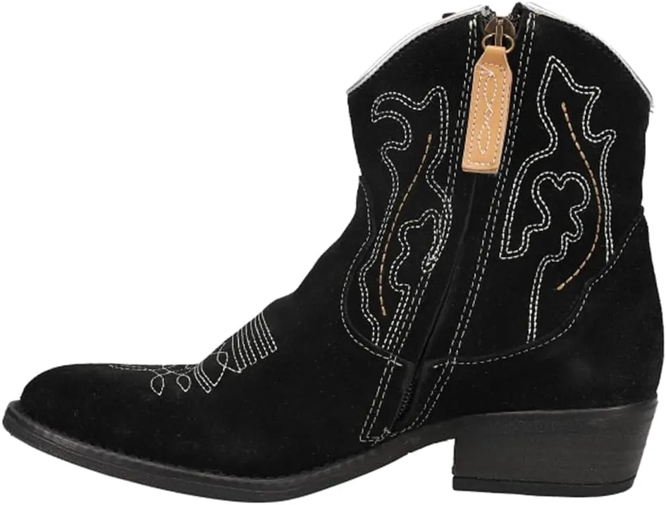 Dingo Womens Daisy Mae Embroidery Round Toe Zippered Casual Boots Ankle Low Heel 1-2" - Black