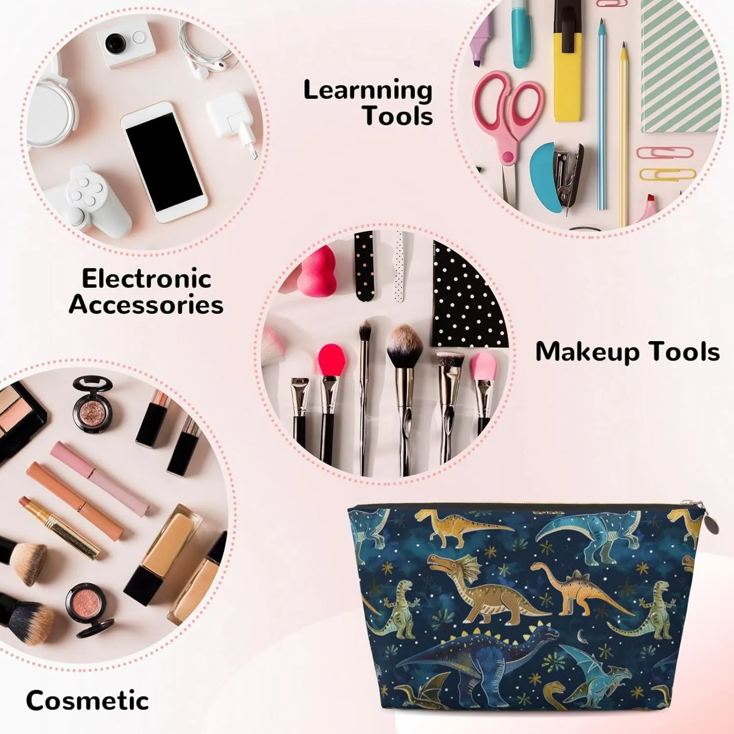 Dinosaurs Cute Womens Travel Makeup Bags Leather Cosmetic Bags Toiletry Organizer Pouch With Zipper