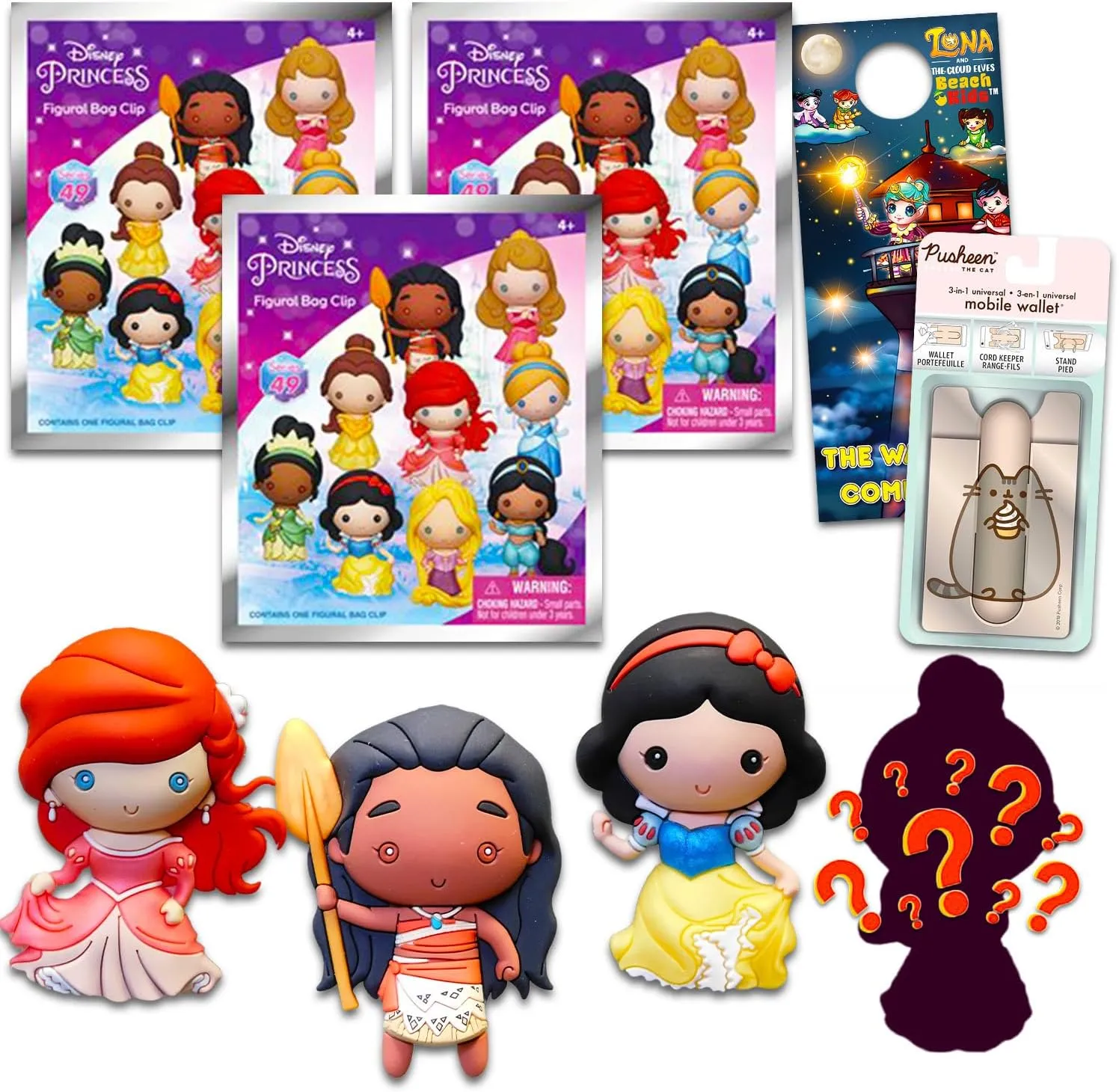 Disney Princess Blind Bags Set - Bundle with 3 Disney Princess Figural Bag Clip Mystery Bags Plus Phone Wallet for Kids, Boys, Girls | Disney Princess Goodie Bags