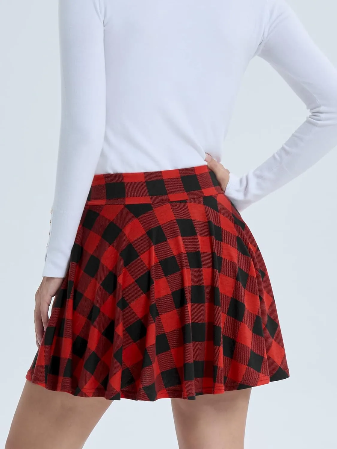 DJT Women Plaid Skirts Soft Stretchy High Waist Flared A-Line Mini Skater Skirt with Shorts
