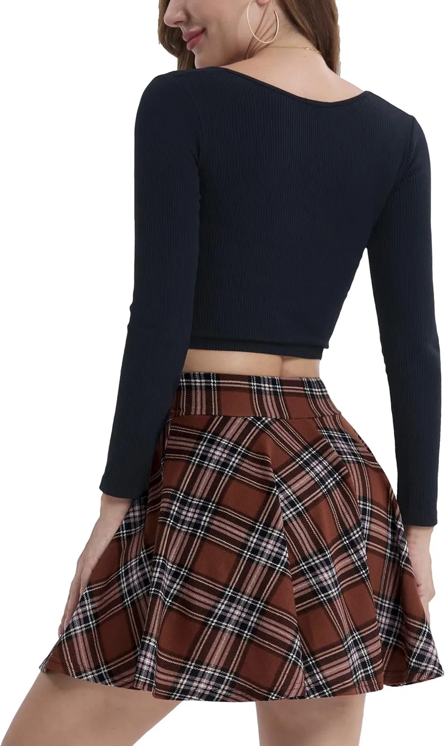 DJT Women's Basic Versatile Casual Stretchy Flared Pleated Mini Skater Skirt with Shorts