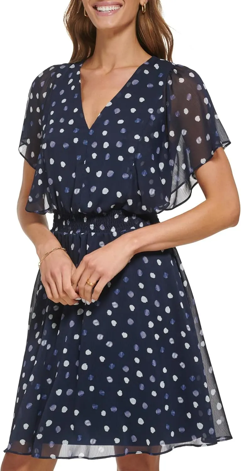 DKNY Women's Flutter Sleeve Smocked Waist Mini Dress