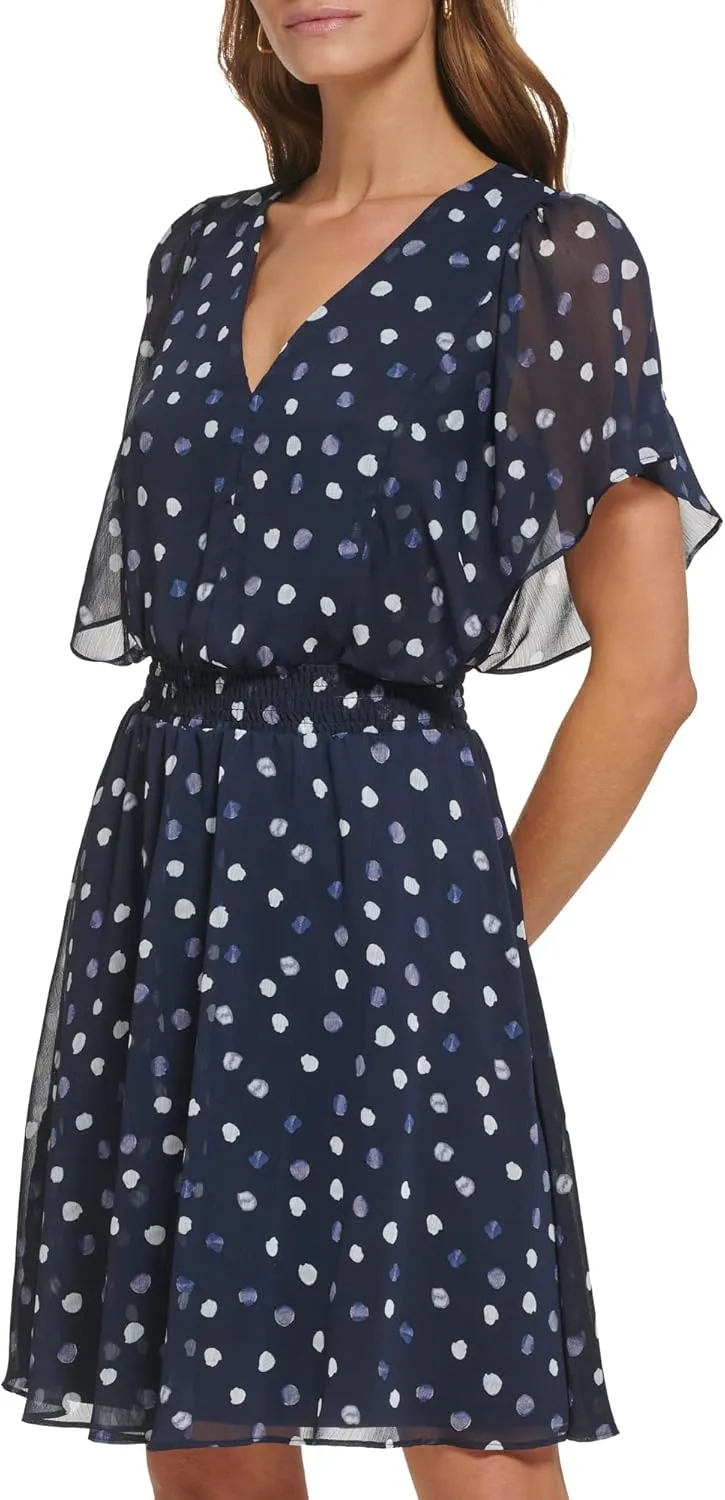 DKNY Women's Flutter Sleeve Smocked Waist Mini Dress