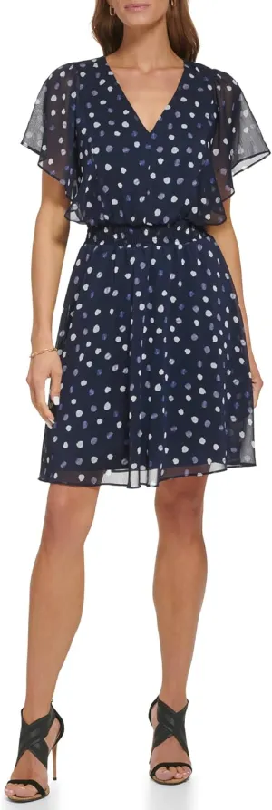 DKNY Women's Flutter Sleeve Smocked Waist Mini Dress